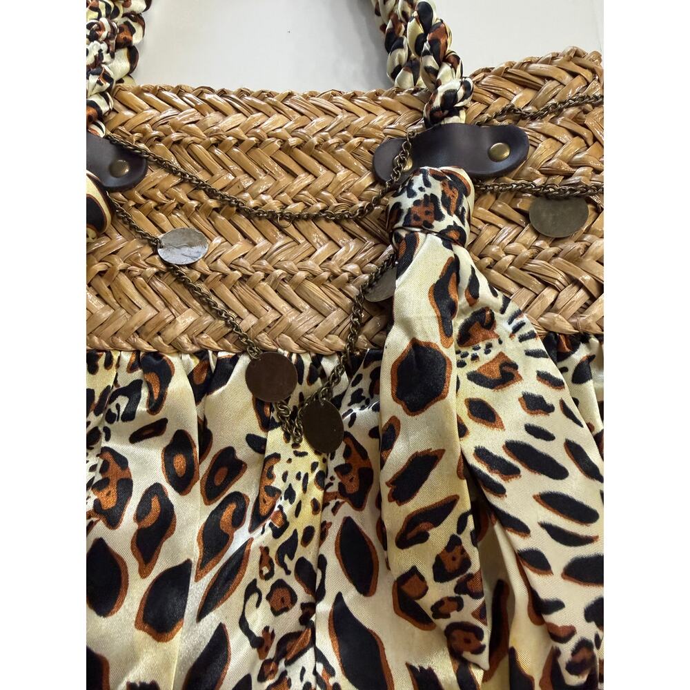 Sun N Sand Leopard Print Coin Chain Rope Handle Straw Detail Shoulder Bag Purse - Picture 2 of 8